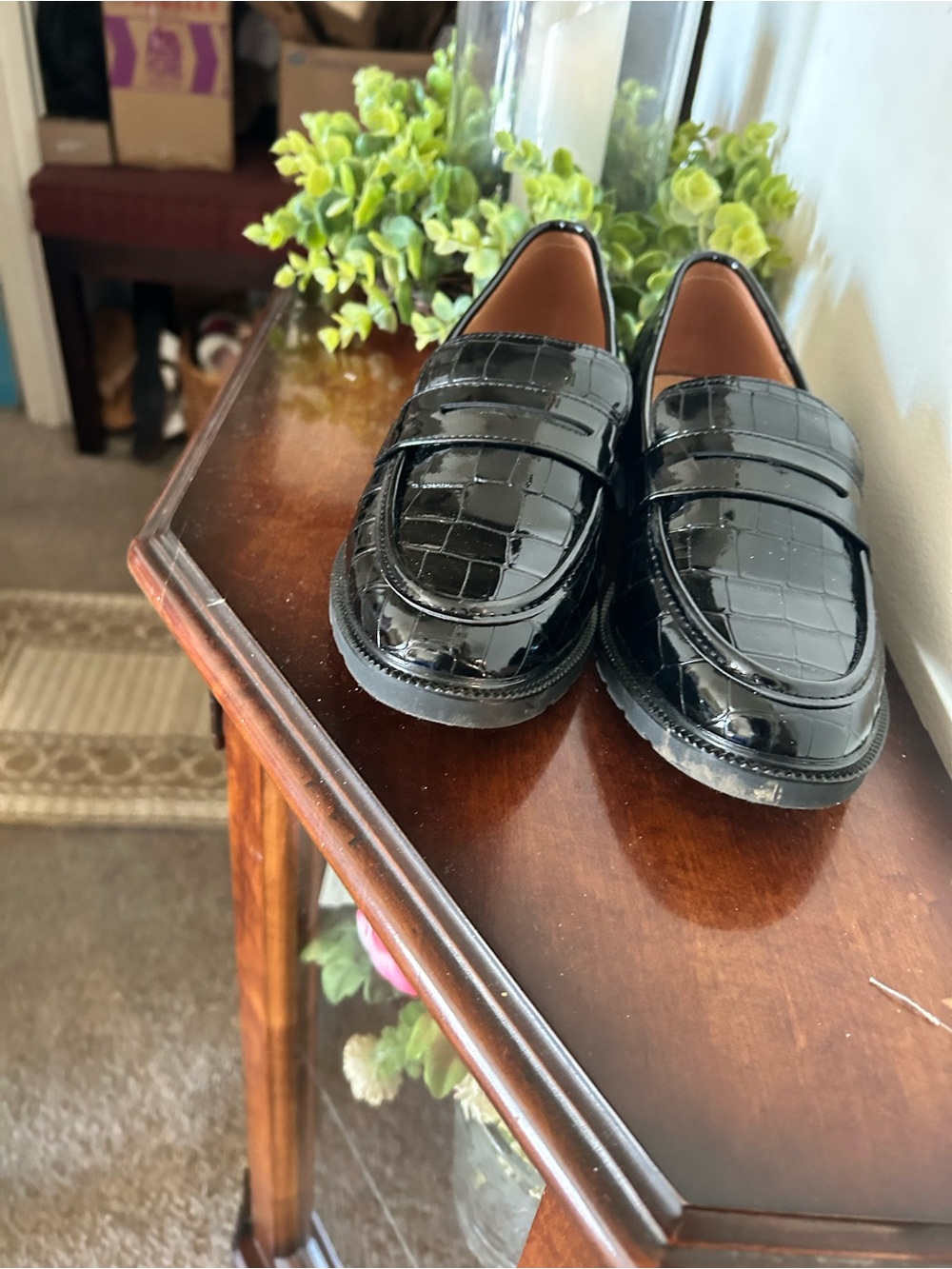 Patent Croc-Embossed Black Penny Loafers for Women